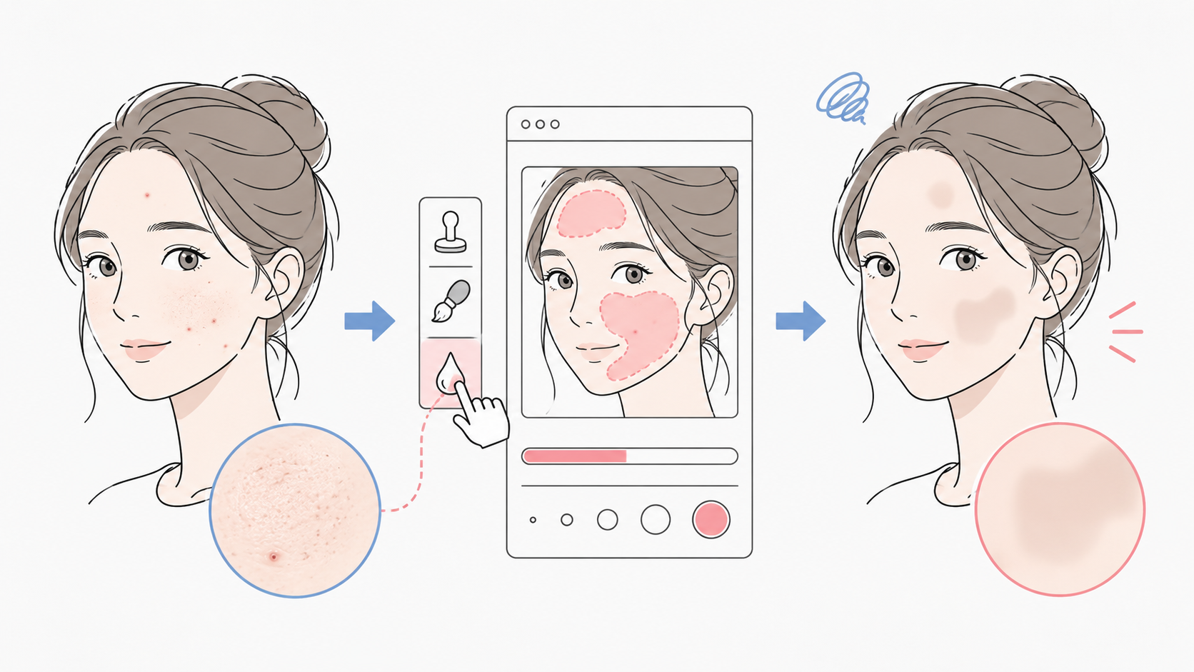 従来のぼかし補正で肌の質感が失われる問題を示す図